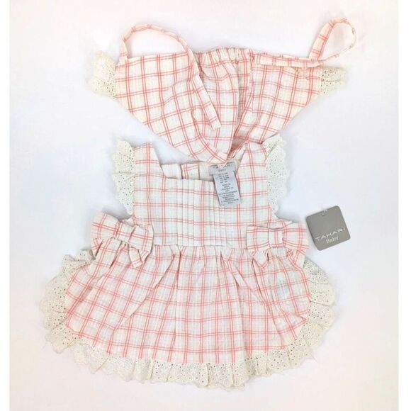 Tahati Baby Dress and Hat Girl 3-6 Months Pink Plaid Eyelet Ruffle Cottage Retro - Picture 1 of 11